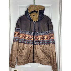Tribal Graphic Print Bisons Hooded Coat Long Sleeve Sz‎ M